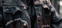 Nahaufnahme einer dunklen, abgenutzten Metal-Kutte mit Taschen und Nieten